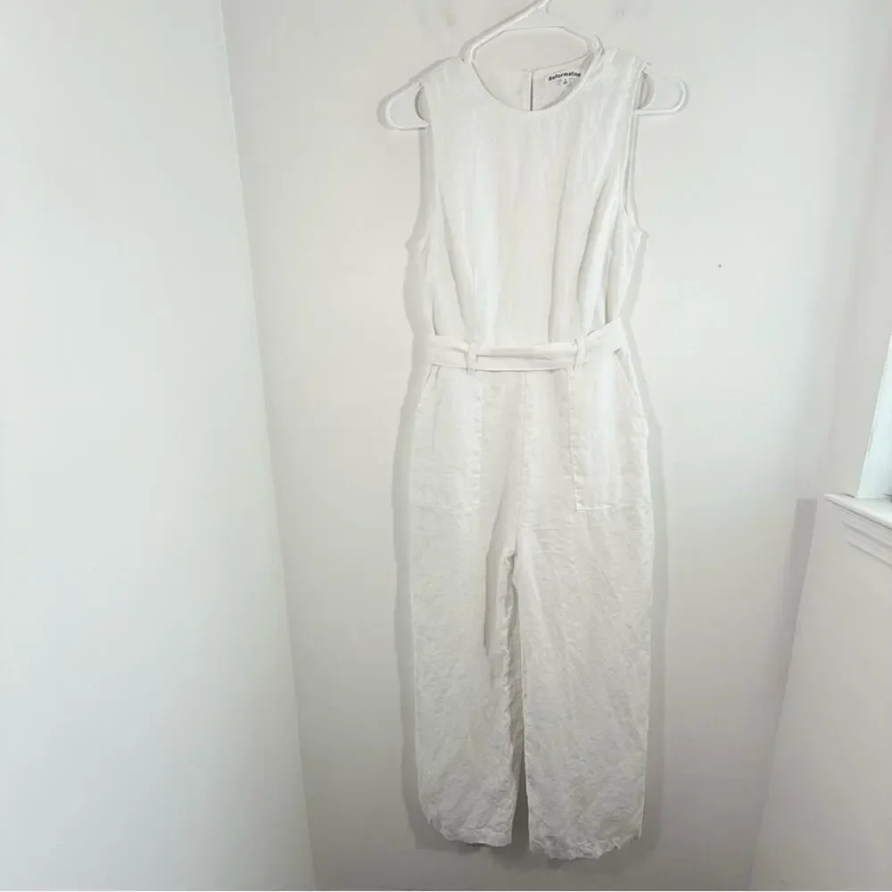 Reformation Naomi White 100% Linen Wide Leg Belted Jumpsuit Size 2